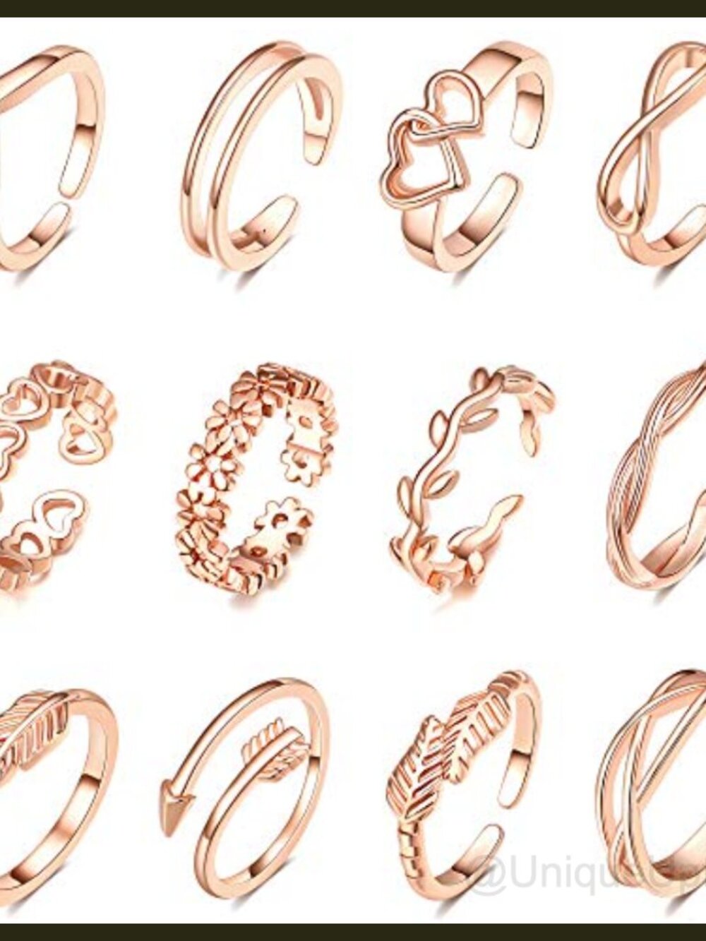 12pc Adjustable Open Toe Rings Set Copper Platinum Plated Non Tarnish